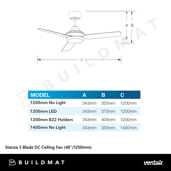 Ventair Stanza 3 Blade DC Ceiling Fan (48"/1200mm) Clear