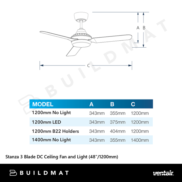 Ventair Stanza 3 Blade DC Ceiling Fan and Light (48"/1200mm) White