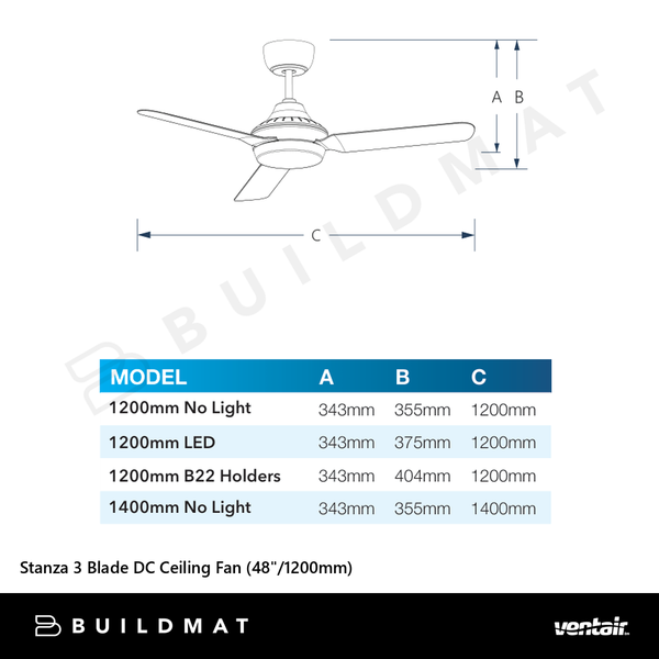 Ventair Stanza 3 Blade DC Ceiling Fan (48"/1200mm) White