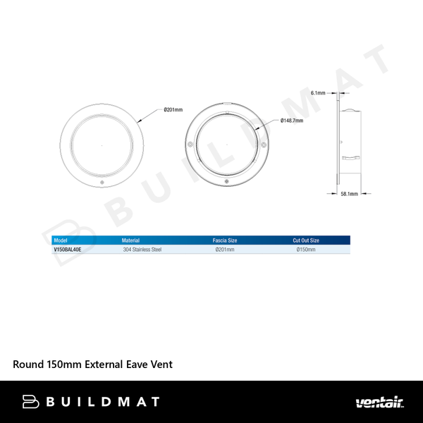 Ventair Round 150mm External Eave Vent Stainless Steel