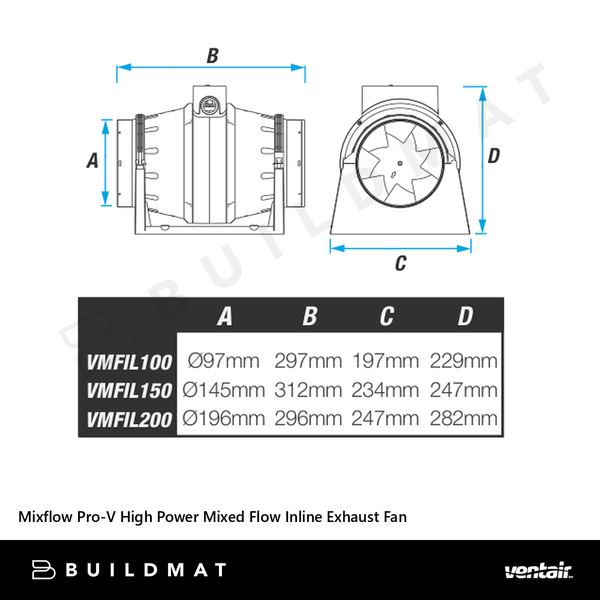 Ventair Mixflow 200mm Pro-V High Power Mixed Flow Inline Exhaust Fan