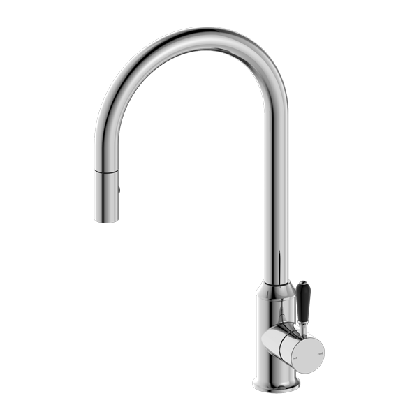 Nero York Pull Out Sink Mixer with Vegie Spray Function with Black Porcelain Lever Chrome
