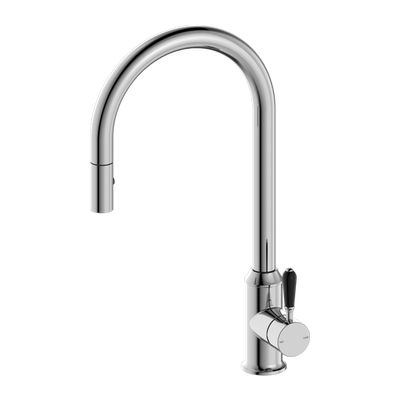 Nero York Pull Out Sink Mixer with Vegie Spray Function with Black Porcelain Lever Chrome