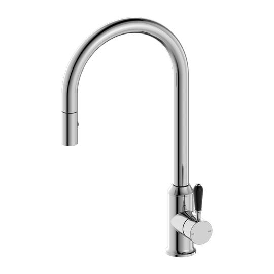 Nero York Pull Out Sink Mixer with Vegie Spray Function with Black Porcelain Lever Chrome