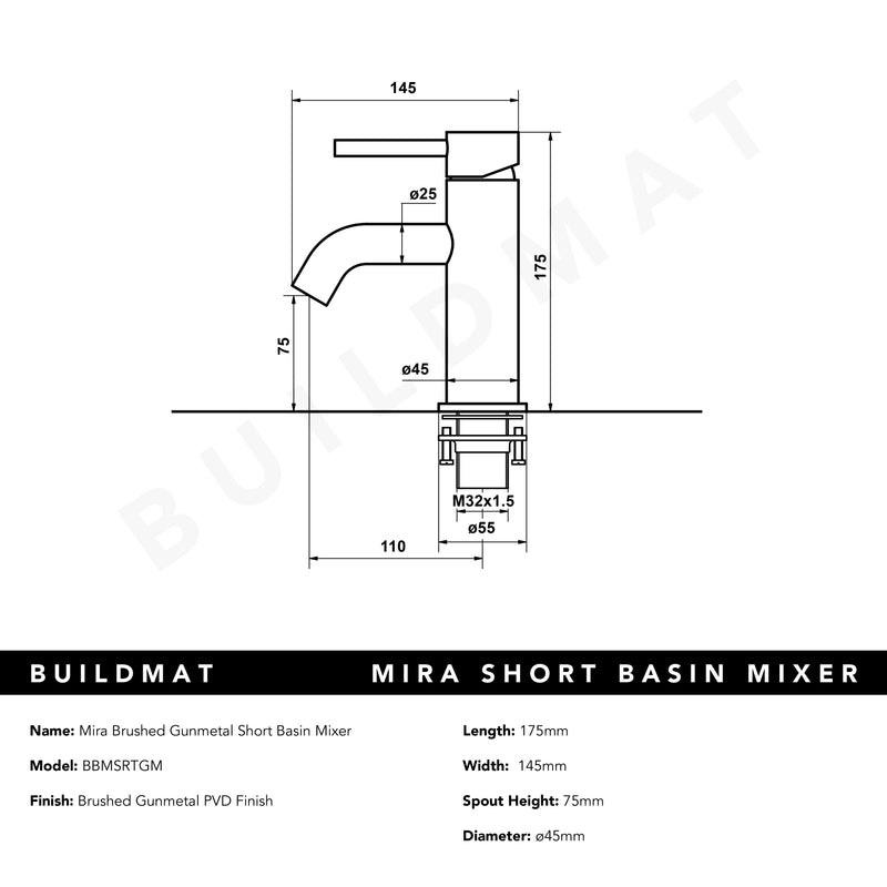 Mira Brushed Gunmetal Short Basin Mixer