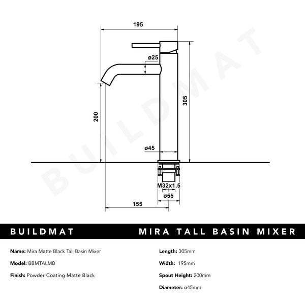 Alma Mira Matte Black Tall Basin Mixer