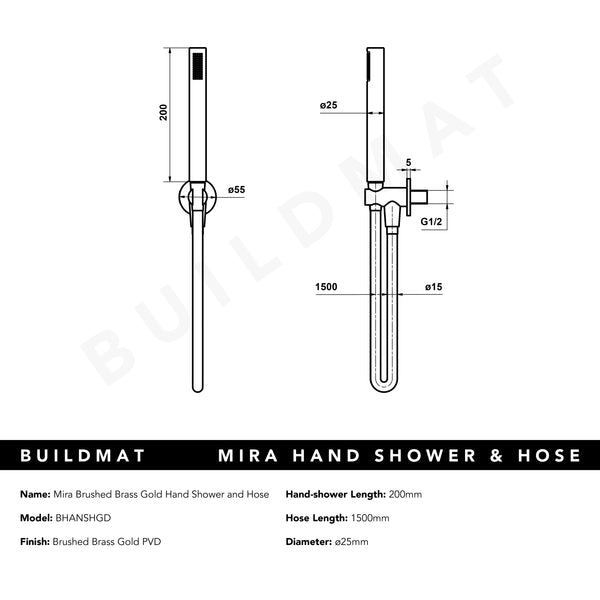 Alma Mira Brushed Brass Gold Hand Shower and Hose