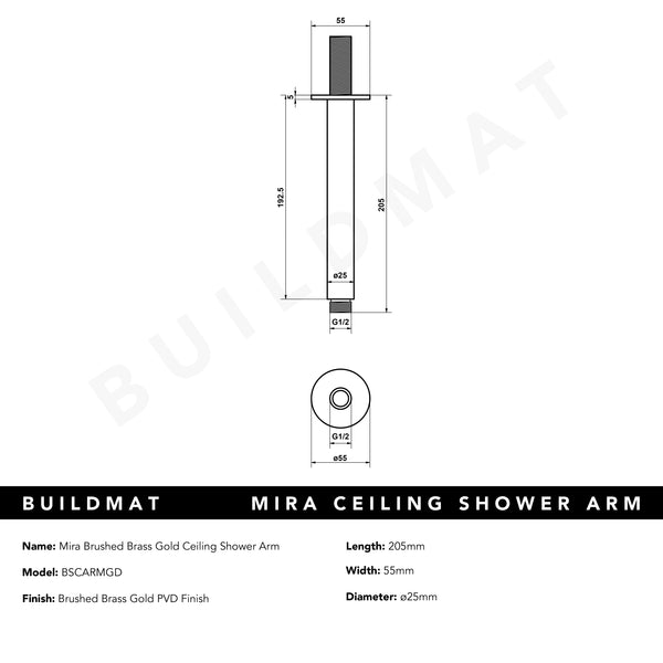 Alma Mira Brushed Brass Gold Ceiling Shower Arm