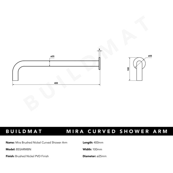 Alma Mira Brushed Nickel Curved Shower Arm
