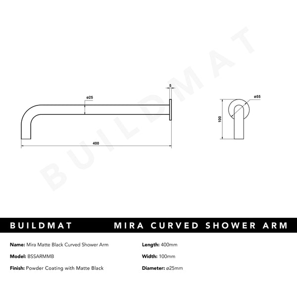Alma Mira Matte Black Curved Shower Arm