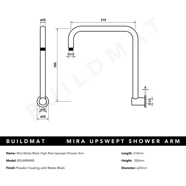 Alma Mira Matte Black High Rise Upswept Shower Arm