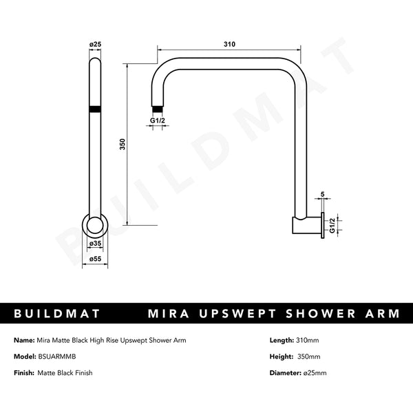Alma Mira Matte Black High Rise Upswept Shower Arm