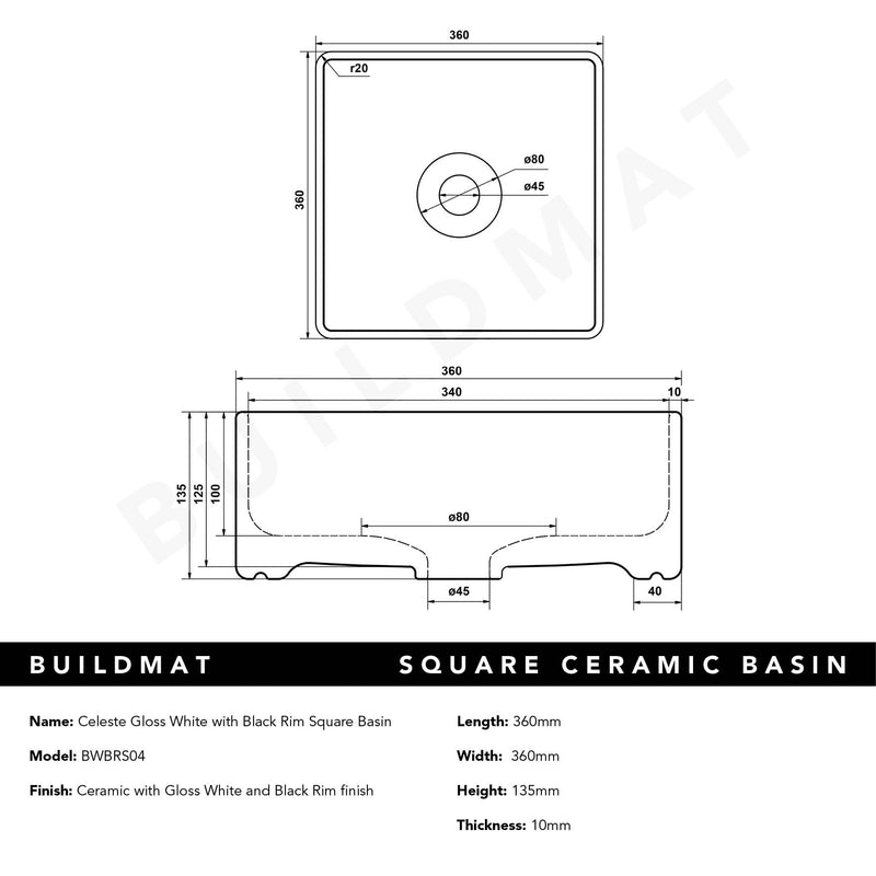 Celeste Gloss White with Black Rim Square Basin