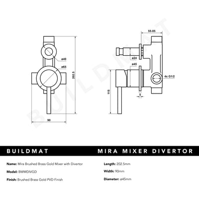 Mira Brushed Brass Gold Wall Mixer with divertor