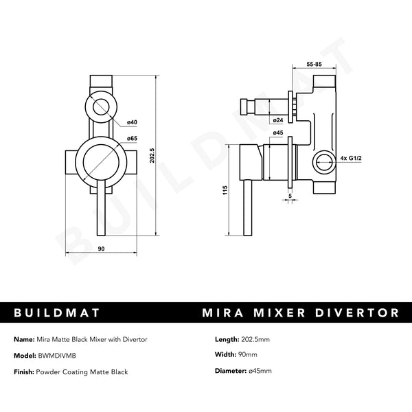 Alma Mira Matte Black Wall Mixer with divertor