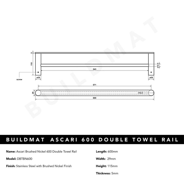 Alma Ascari Brushed Nickel 600 Double Towel Rail