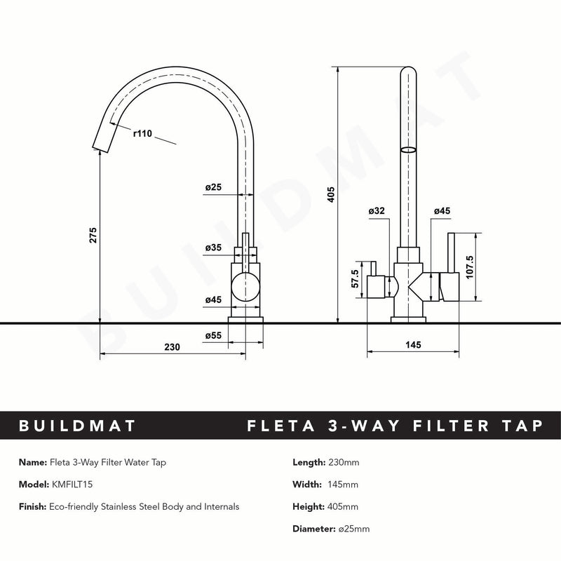 Fleta Brushed Stainless Steel 3 Way Filter Water Tap