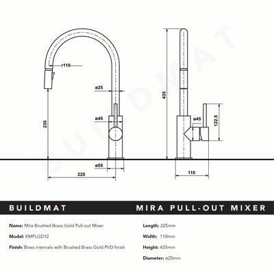 Mira Brushed Brass Gold Pull Out Mixer