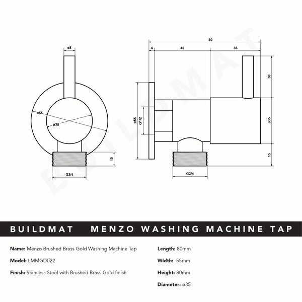 Menzo Brushed Brass Gold Washing Machine Tap
