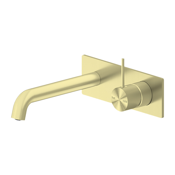 Nero Mecca Wall Basin Mixer Handle Up 185mm Spout Brushed Gold