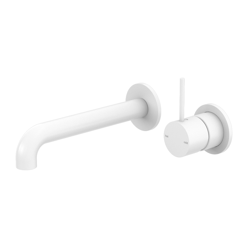 Mecca Wall Basin Mixer Separate Back Plate Handle Up 185mm Spout Matte White