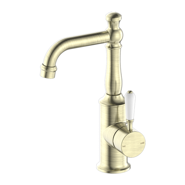Nero York Basin Mixer with White Porcelain Lever Aged Brass