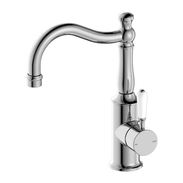 Nero York Basin Mixer Hook Spout with White Porcelain Lever Chrome