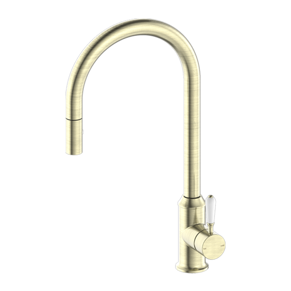 Nero York Pull Out Sink Mixer with Vegie Spray Function with White Porcelain Lever Aged Brass