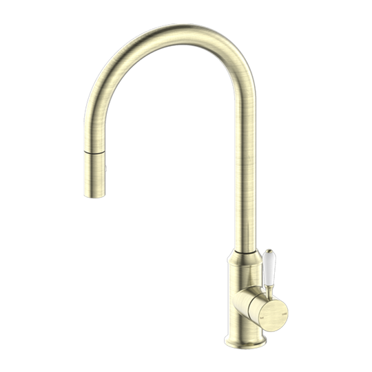 Nero York Pull Out Sink Mixer with Vegie Spray Function with White Porcelain Lever Aged Brass