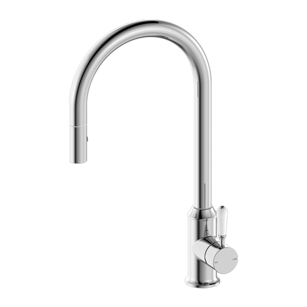 Nero York Pull Out Sink Mixer with Vegie Spray Function with White Porcelain Lever Chrome