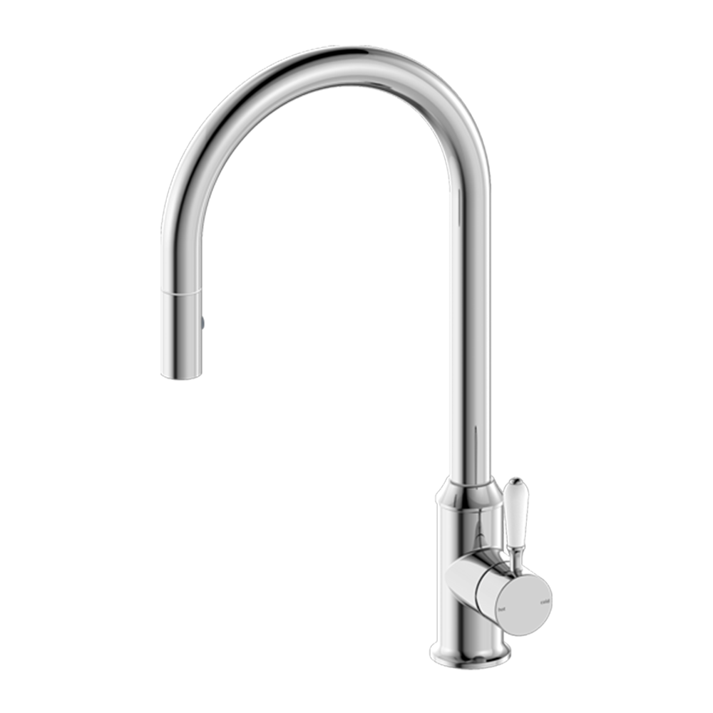 York Pull Out Sink Mixer with Vegie Spray Function with White Porcelain Lever Chrome