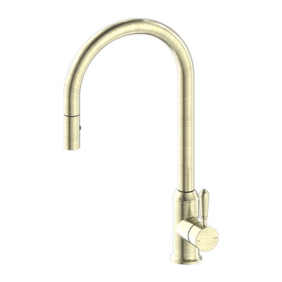 Nero York Pull Out Sink Mixer with Vegie Spray Function with Metal Lever Aged Brass