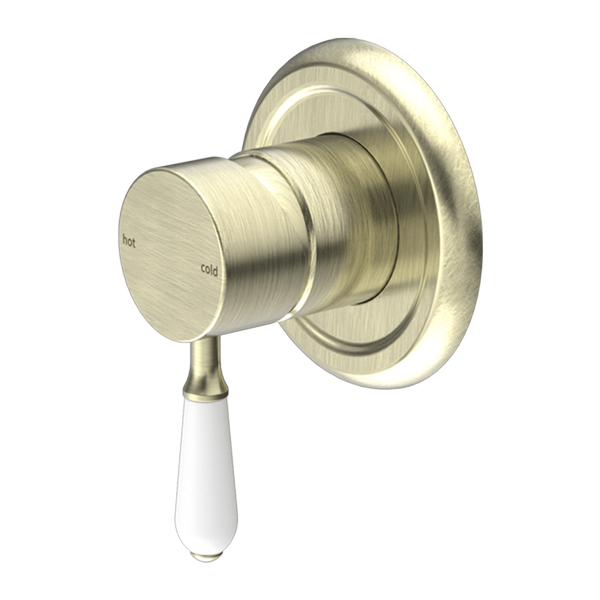 Nero York Shower Mixer with White Porcelain Lever Aged Brass