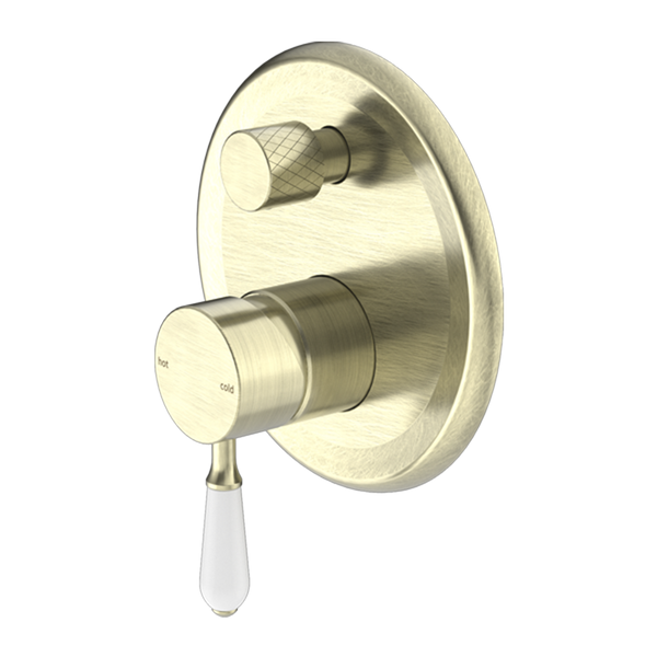 Nero York Shower Mixer with Divertor with White Porcelain Lever Aged Brass