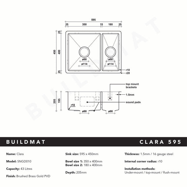 Alma Brushed Brass Gold Clara 595x450 Single & Mini Bowl Sink