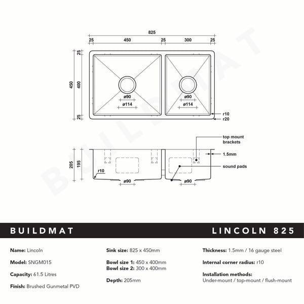 Alma Brushed Gunmetal Lincoln 825x450 Single +3/4 Bowl Sink