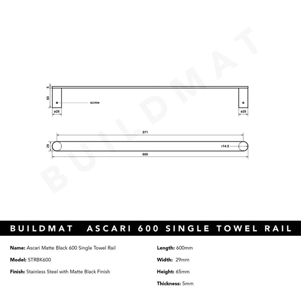 Alma Ascari Matte Black 600 Single Towel Rail