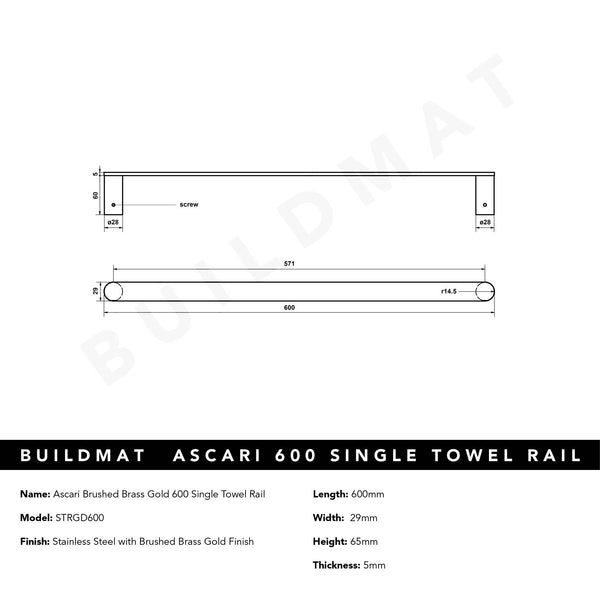 Alma Ascari Brushed Brass Gold 600 Single Towel Rail