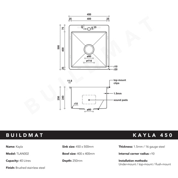 Alma Kayla 450x500 Single Bowl Tap Landing Sink