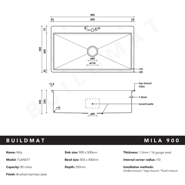 Mila 900x500 XXLarge Single Bowl Tap Landing Sink