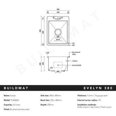 Evelyn 380x500 Single Bowl Tap Landing Sink