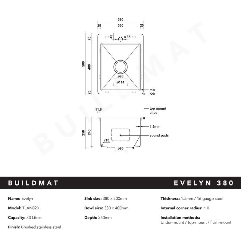 Evelyn 380x500 Single Bowl Tap Landing Sink