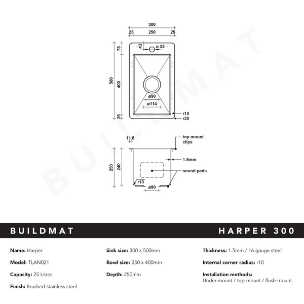 Harper 300x500 Single Bowl Butler Tap Landing Sink