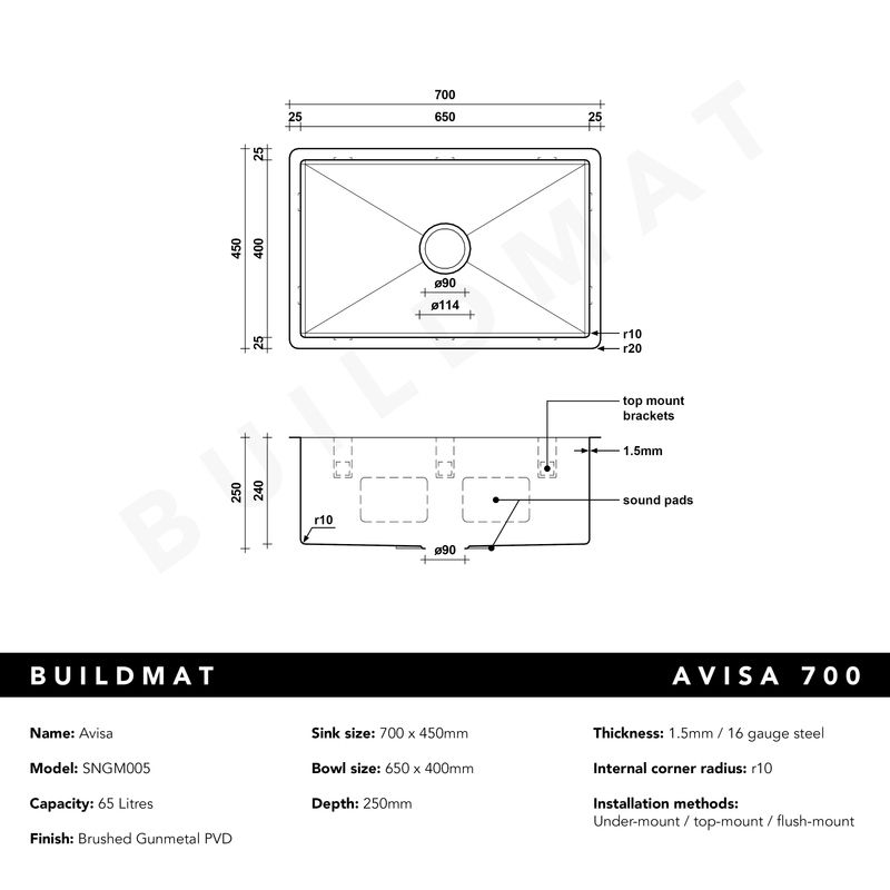 Brushed Gunmetal Avisa 700x450 Large Single Bowl Sink