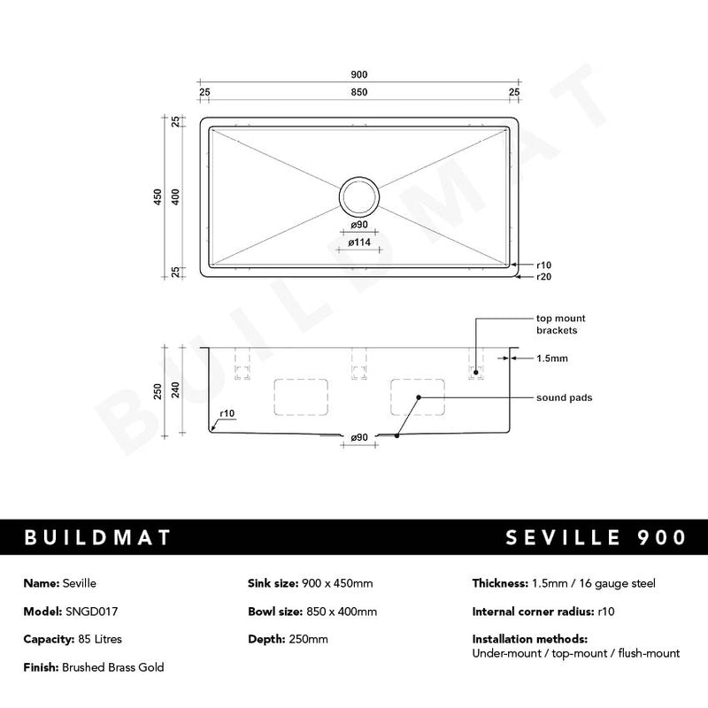 Brushed Brass Gold Seville 900x450 XXLarge Single Bowl Sink – Buildmat
