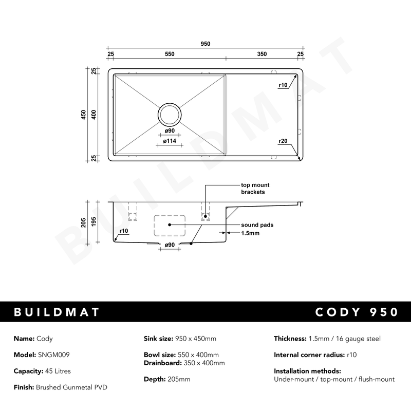 Brushed Gunmetal Cody 950x450 Single Bowl w Drain Board Sink