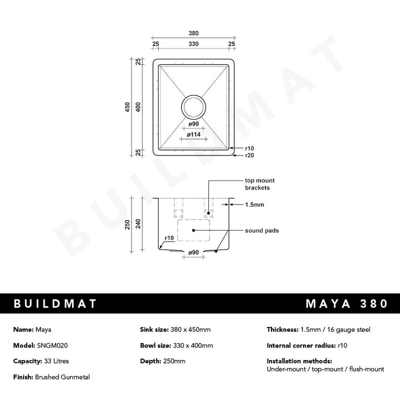 Brushed Gunmetal Maya 380x450 Single Bowl Sink