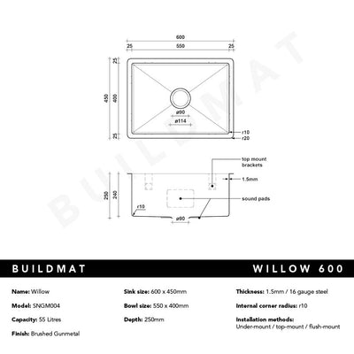 Brushed Gunmetal Willow 600x450 Medium Single Bowl Sink