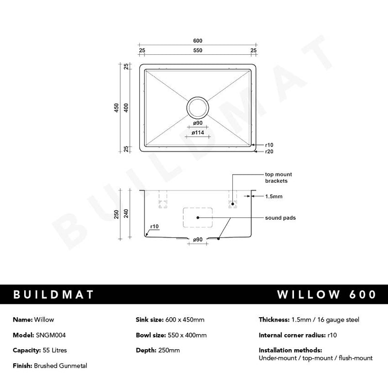 Brushed Gunmetal Willow 600x450 Medium Single Bowl Sink