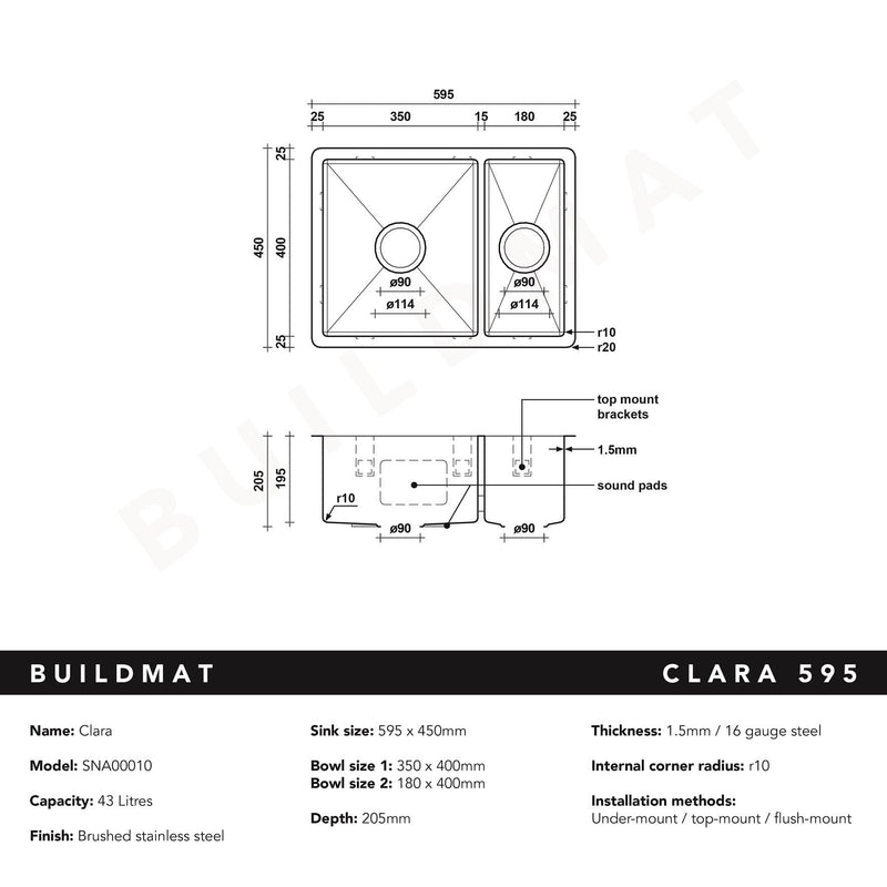 Buildmat Sink Stainless Steel Clara 595x450 Single & Mini Bowl Sink
